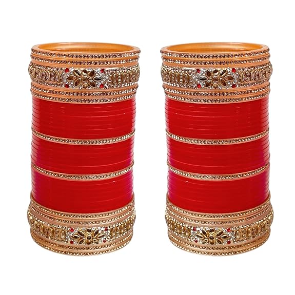 Tehzeeb Creations Bridal Bangle Set Golden White & Red Stone Chuda, Wedding punjabi Choora Fashion Chura Set for Women | Grocsy