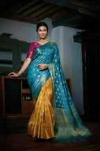 Vardha Sky Blue-Mustard Yellow Golden Zari Banarasi Raw Silk Saree | Grocsy