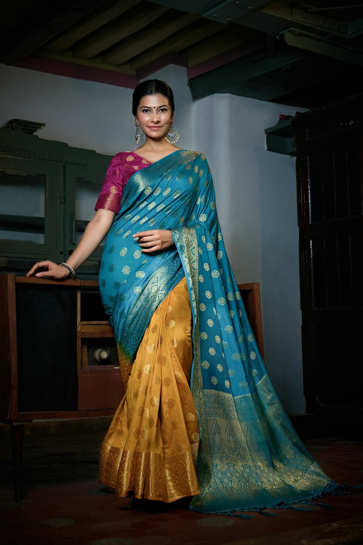 Vardha Sky Blue-Mustard Yellow Golden Zari Banarasi Raw Silk Saree | Grocsy