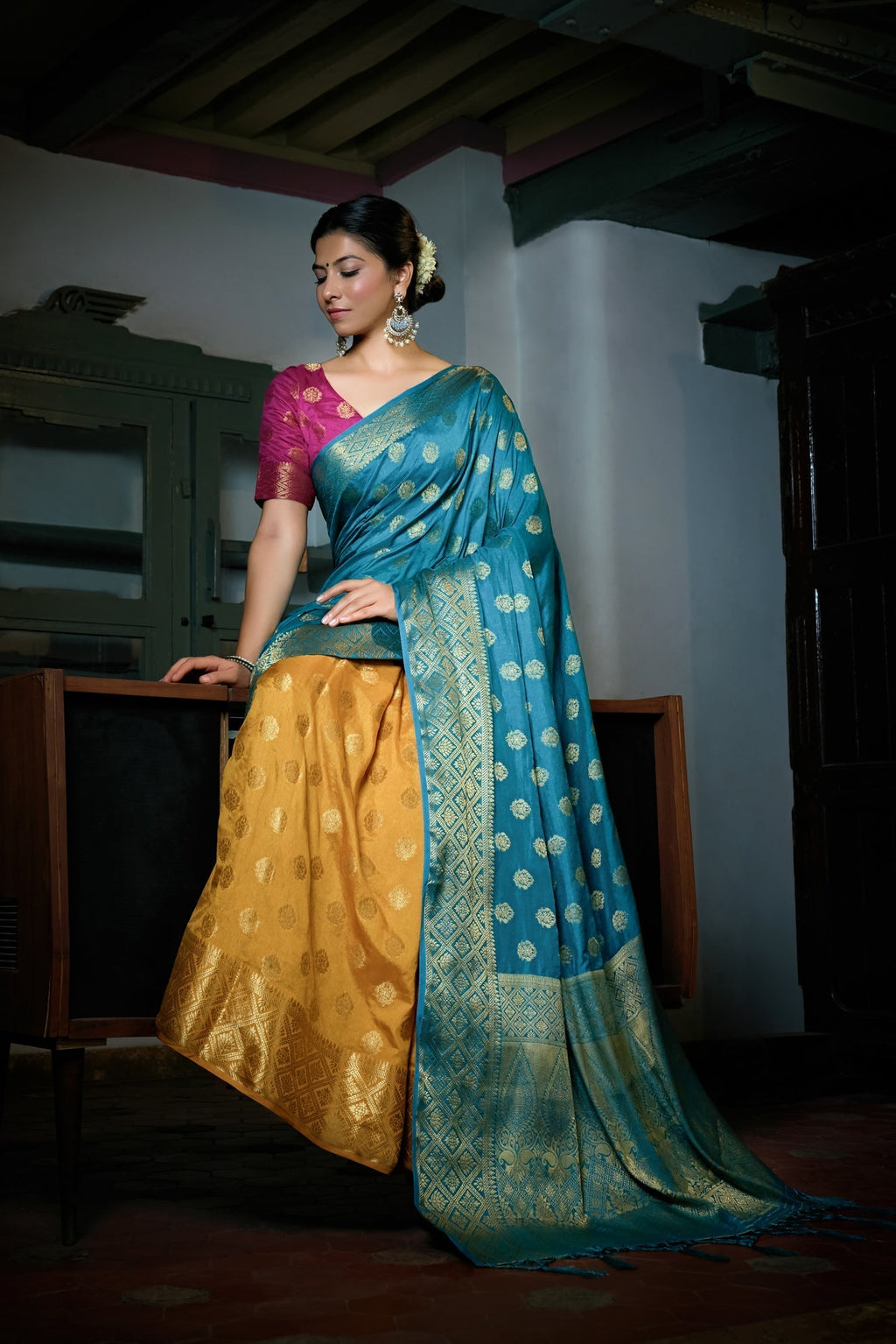 Vardha Sky Blue-Mustard Yellow Golden Zari Banarasi Raw Silk Saree | Grocsy