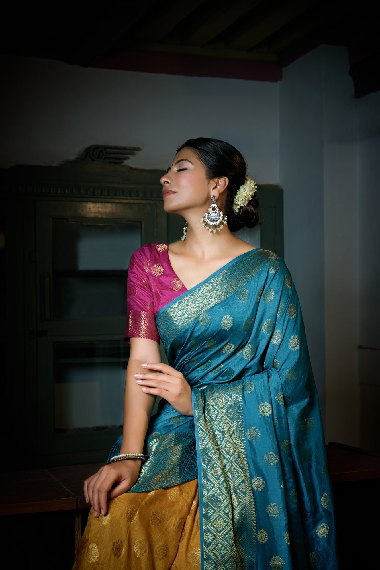 Vardha Sky Blue-Mustard Yellow Golden Zari Banarasi Raw Silk Saree | Grocsy