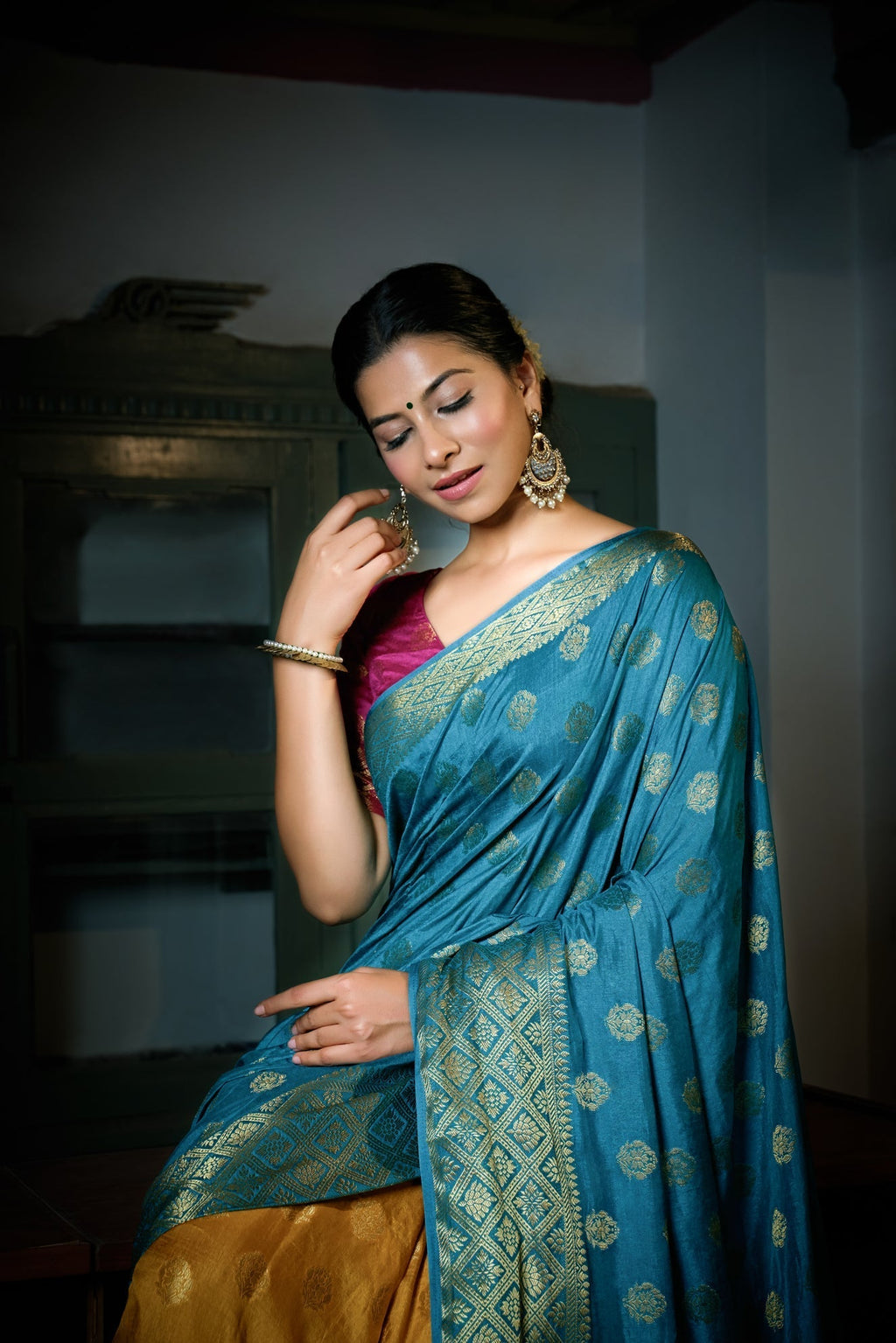 Vardha Sky Blue-Mustard Yellow Golden Zari Banarasi Raw Silk Saree | Grocsy