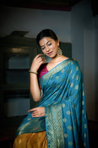 Vardha Sky Blue-Mustard Yellow Golden Zari Banarasi Raw Silk Saree | Grocsy