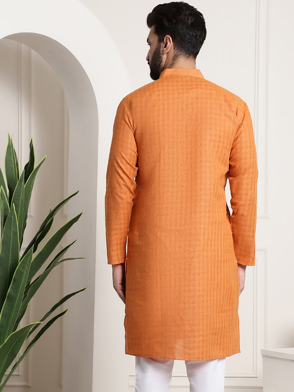 Sojanya Men Orange Dobby Self-Checked Straight Kurta | Grocsy