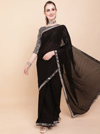 Sangria Black & Silver-Toned Sequinned Pure Georgette Celebrity Saree | Grocsy