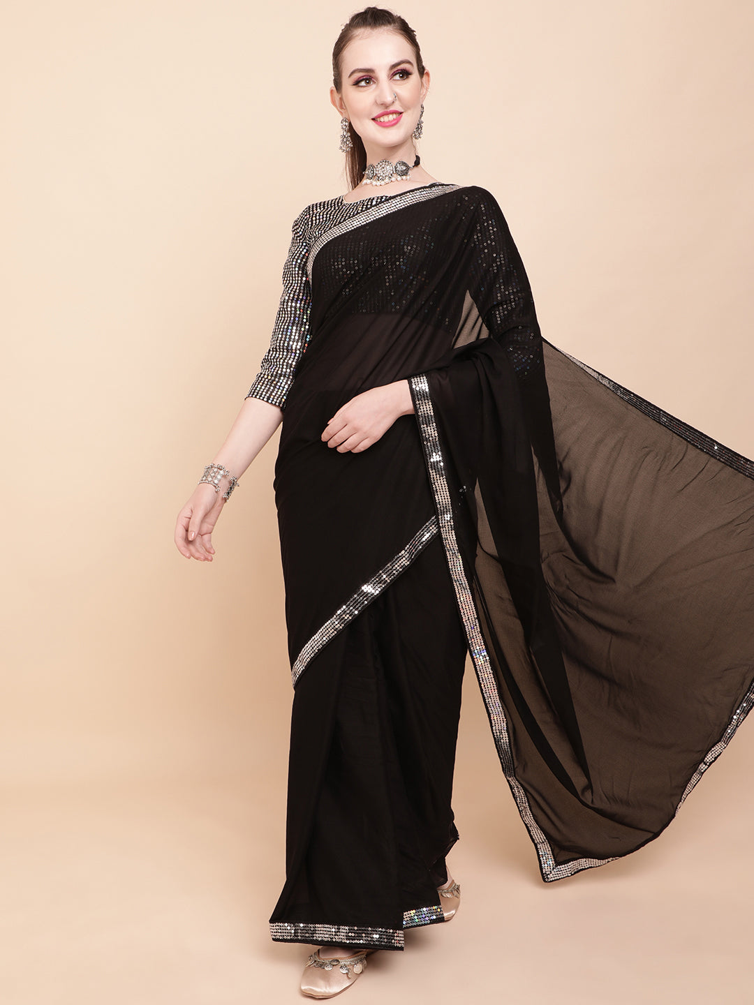 Sangria Black & Silver-Toned Sequinned Pure Georgette Celebrity Saree | Grocsy
