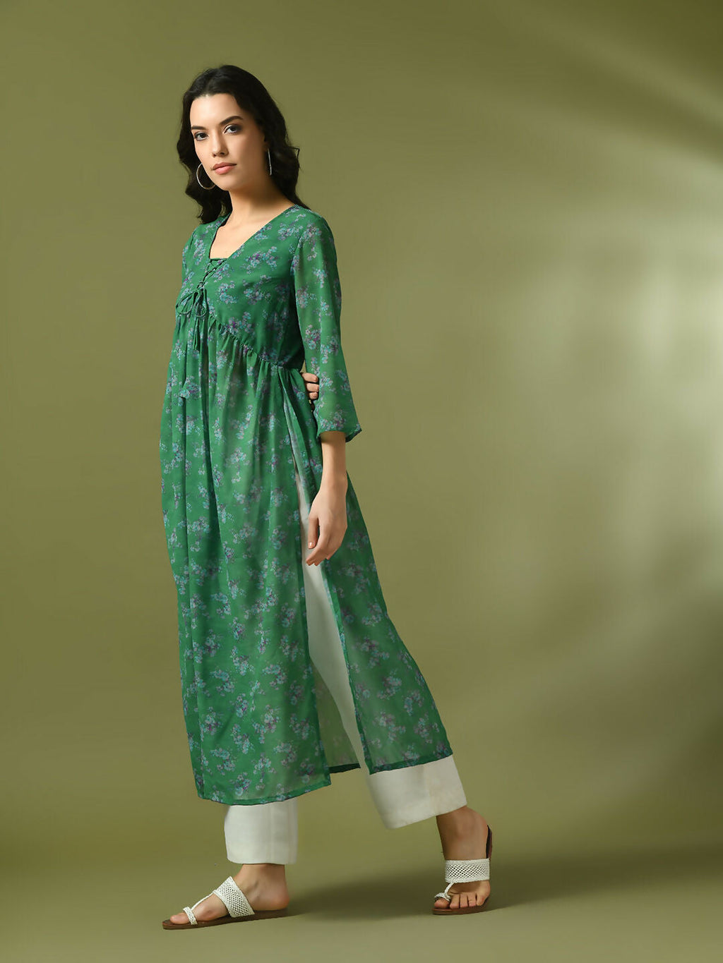 Myshka Women's Green Printed Georgette A-Line Nyra-cut Kurta | Grocsy