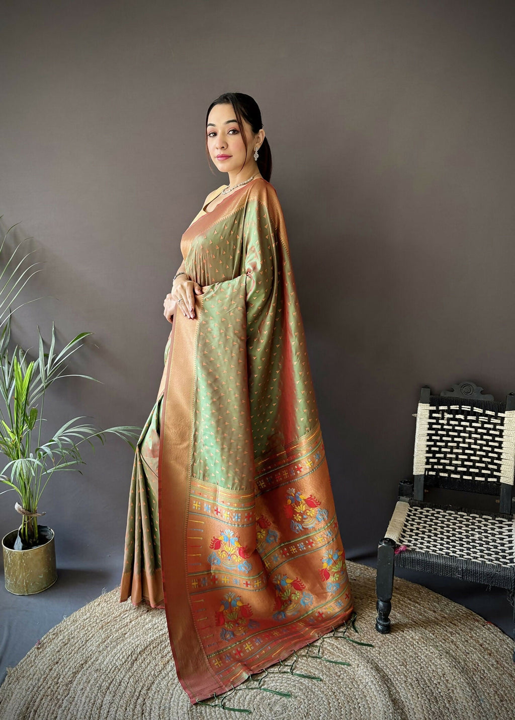Joban Fashion Olive Green Jacquard Butti Soft Lichi Silk Paithani Saree | Grocsy