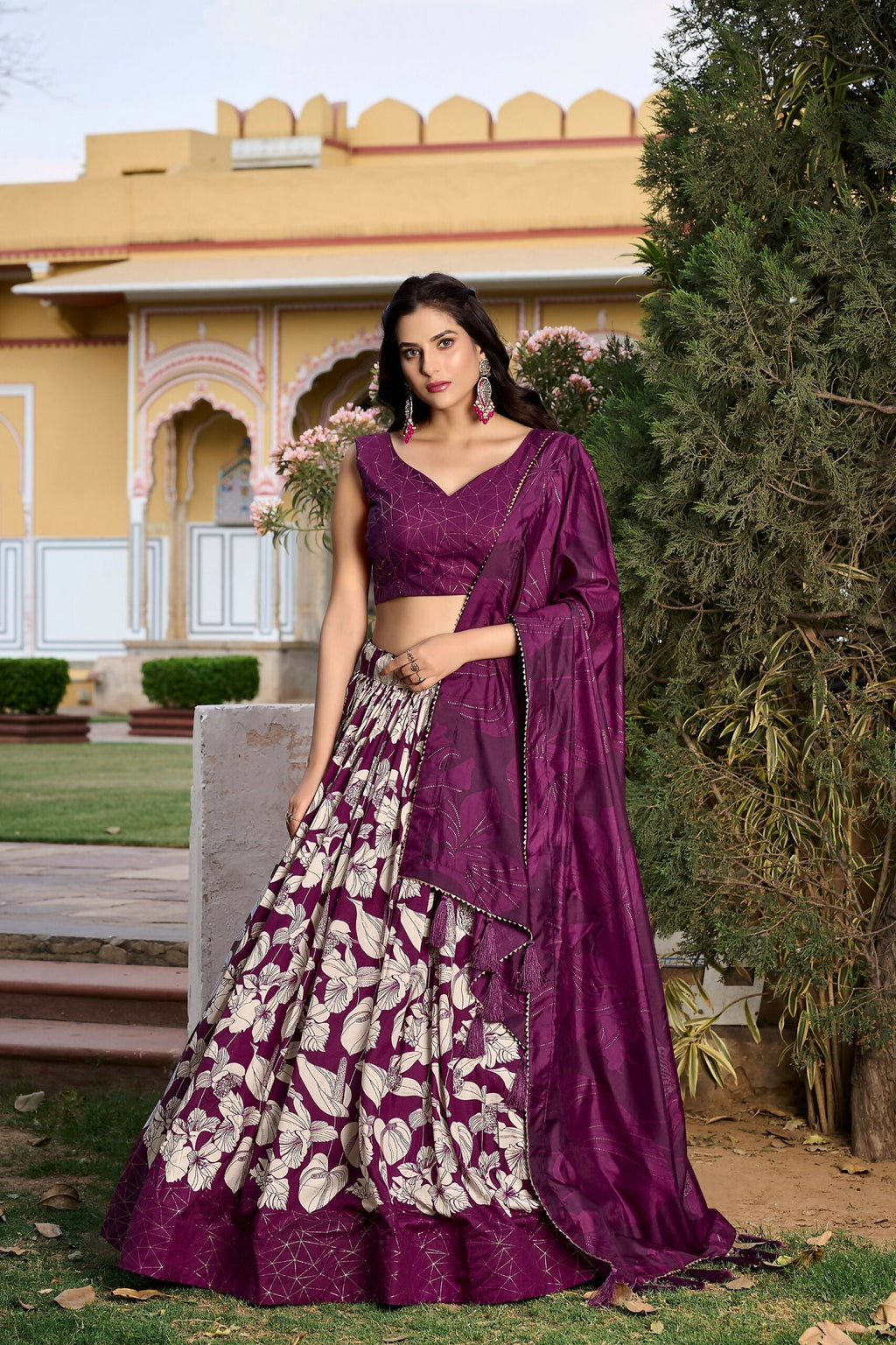 Vastranavya Ethnic Look Tussar Silk Floral Printed With Foil Work Indian Lehenga Choli - Wine | Grocsy