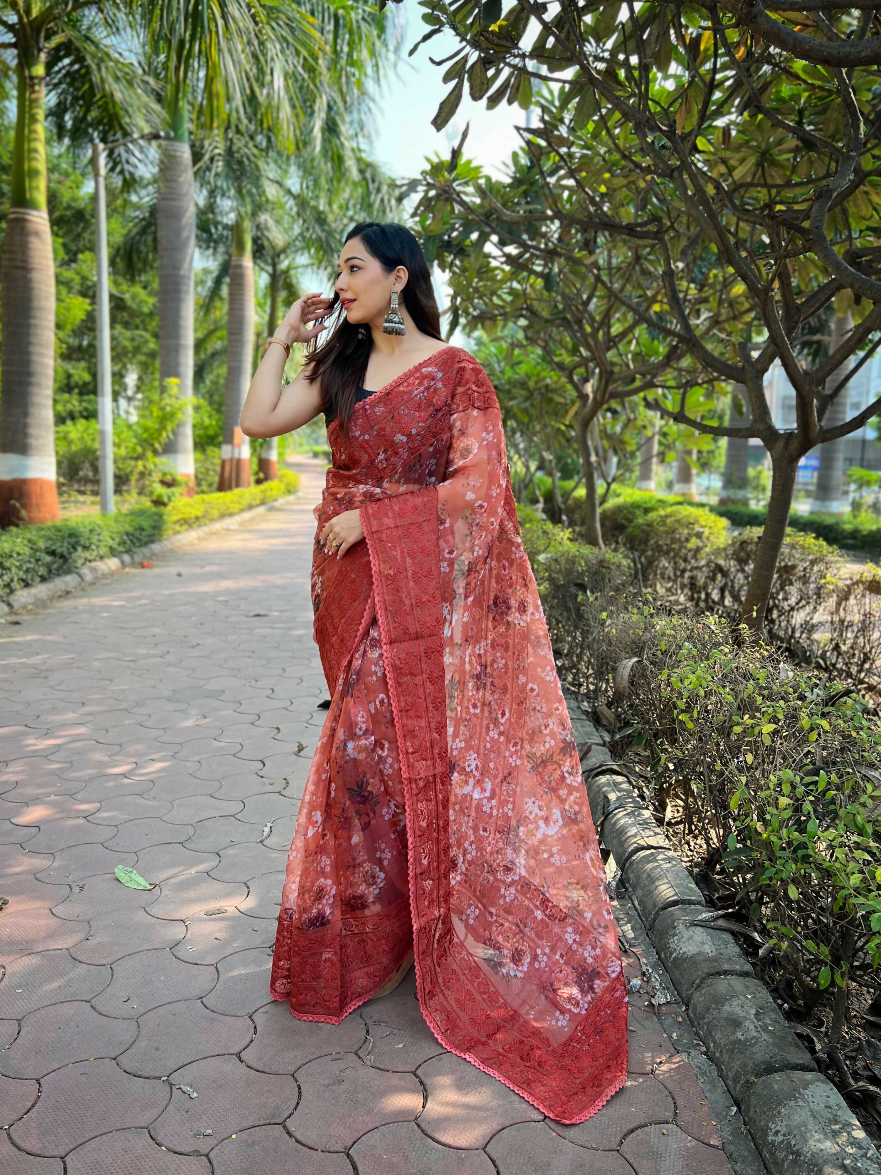 Vamsee Gunjan Red Organza Saree | Grocsy