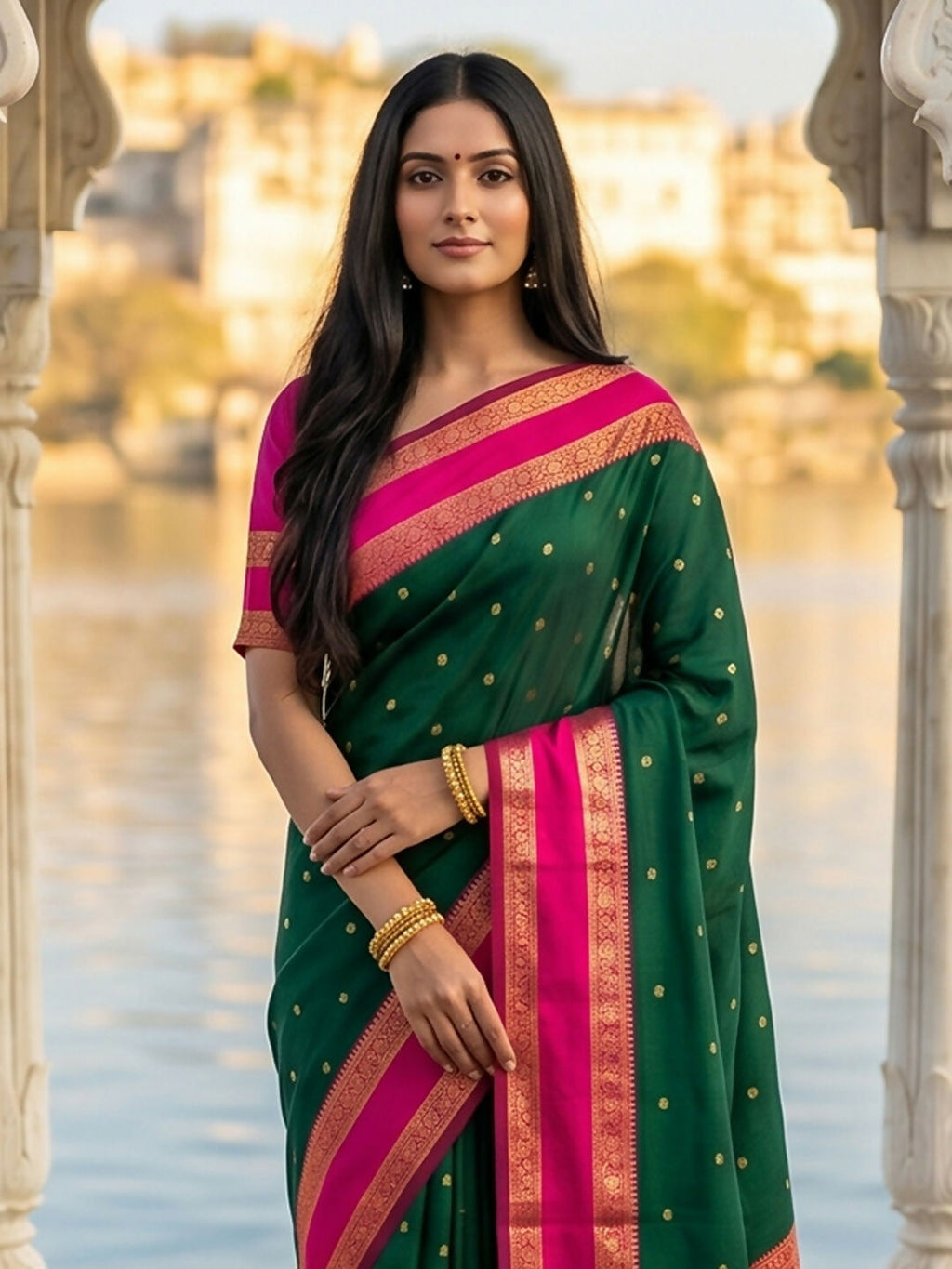 Shree Shyam Fashion Dark Green Silk Blend Saree | Grocsy
