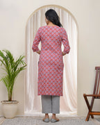 Vaasva Women Pink Cotton Printed Straight Kurti With Pant | Grocsy