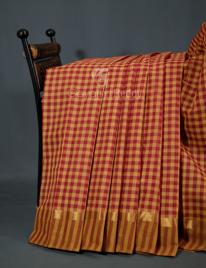 Mustard And Maroon Combo With Checks Pure Mangalgiri Cotton Saree By Gayathri Reddy Designer Studio | Grocsy