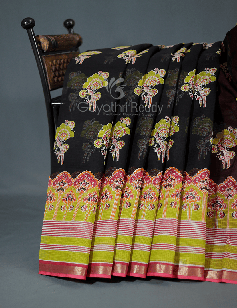 Shades of Black With Block Design Pure Kota Cotton Saree By Gayathri Reddy Designer Studio | Grocsy