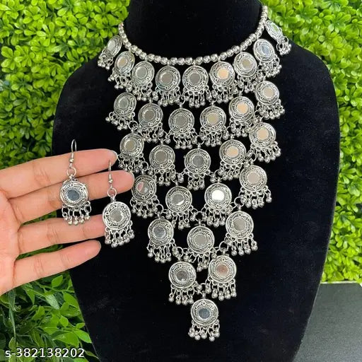 Tehzeeb Creations Women's Anarkali Design Oxidised Necklace With Mirror | Grocsy