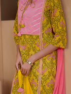 Sangria Yellow & Peach Floral Printed Pure Cotton Straight Kurta With Trousers & Dupatta | Grocsy