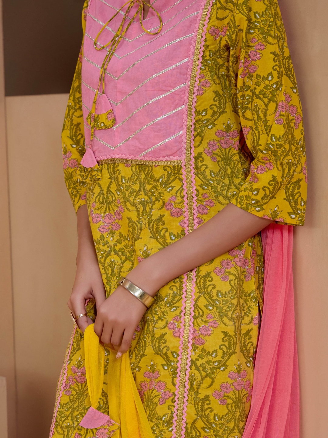 Sangria Yellow & Peach Floral Printed Pure Cotton Straight Kurta With Trousers & Dupatta | Grocsy