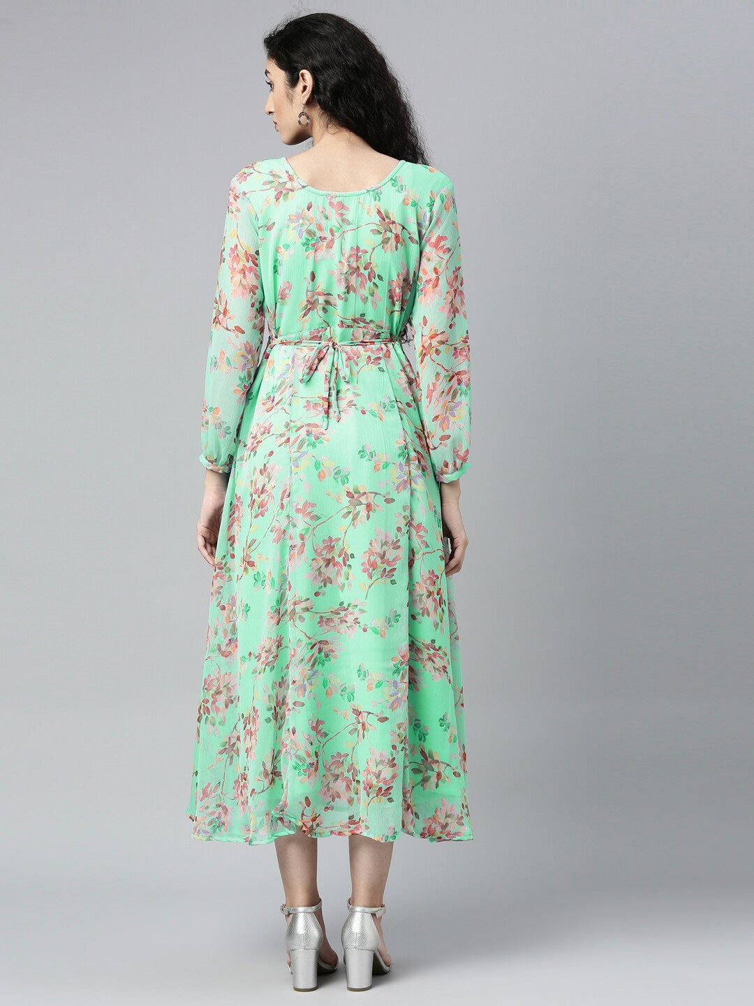 Souchii Sea Green Floral Chiffon Maxi Dress | Grocsy