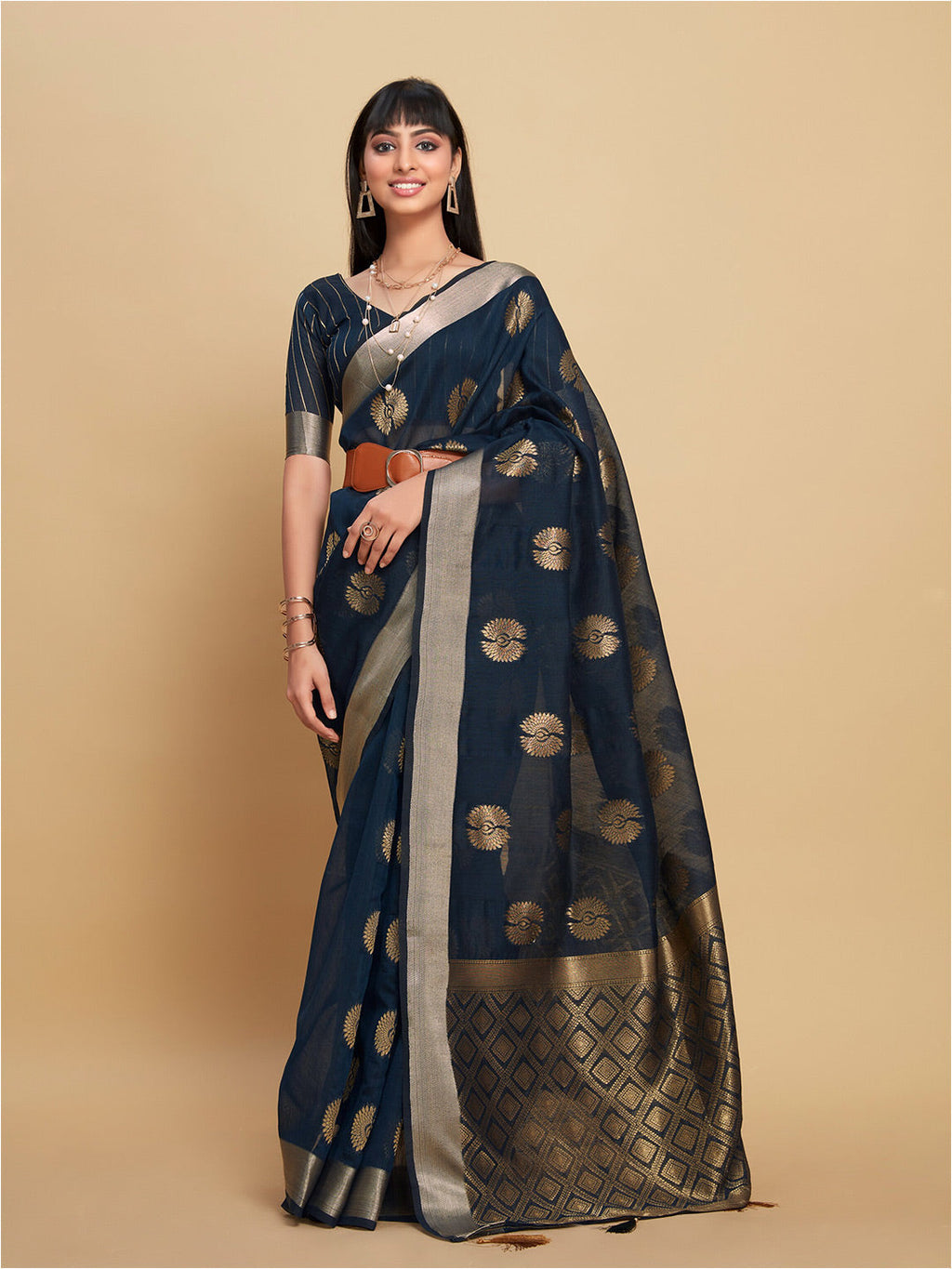 Sangria Navy Blue Ethnic Motifs Woven Design Zari Saree | Grocsy