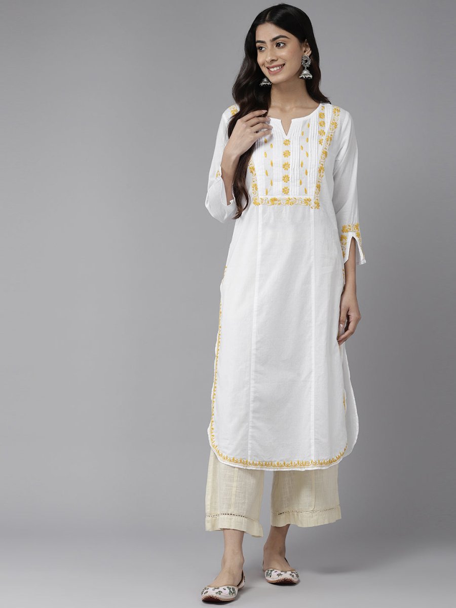 ADA Ethnic Motifs Embroidered Chikankari Cotton Kurta | Grocsy
