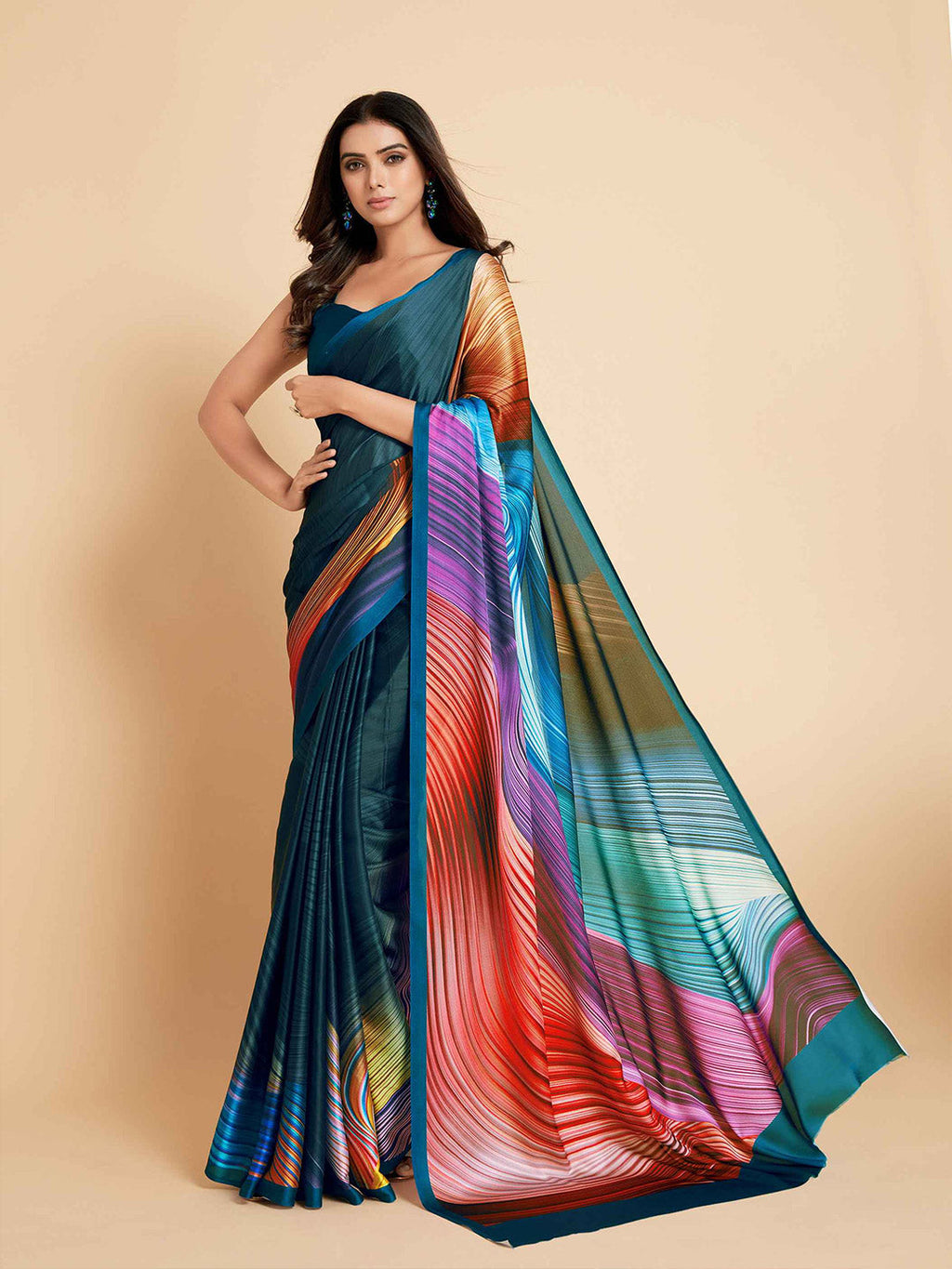Sangria Navy Blue & Violet Satin Ready to Wear Saree | Grocsy
