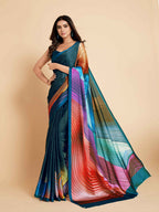 Sangria Navy Blue & Violet Satin Ready to Wear Saree | Grocsy