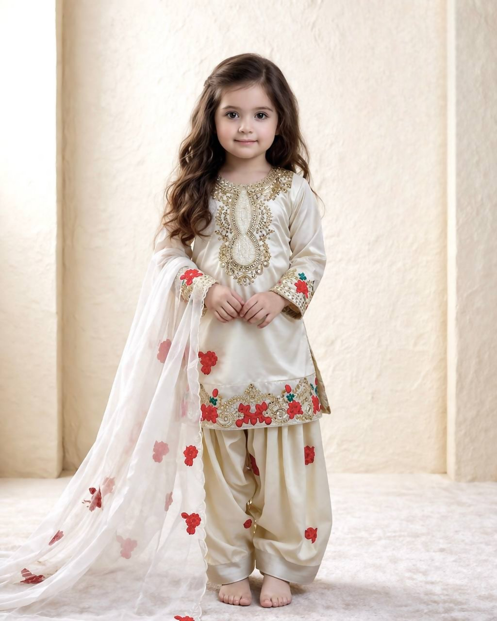 Teeya Creation New Kids Trendy Wedding Wear Traditional Kurta Salwar Set-Beige | Grocsy