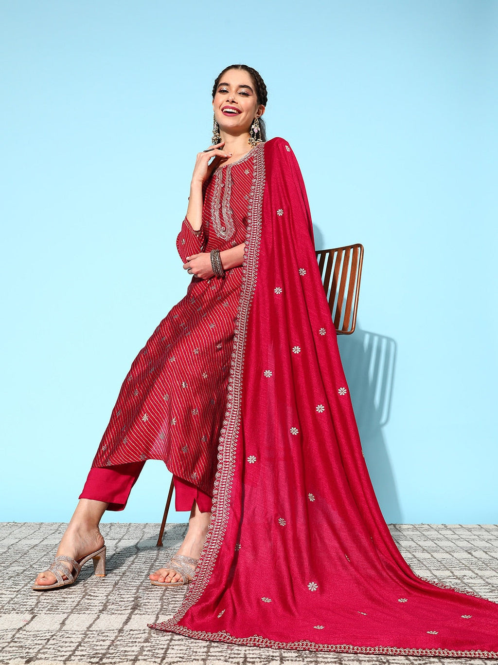 Sangria Floral Kurta with Trousers & Dupatta | Grocsy