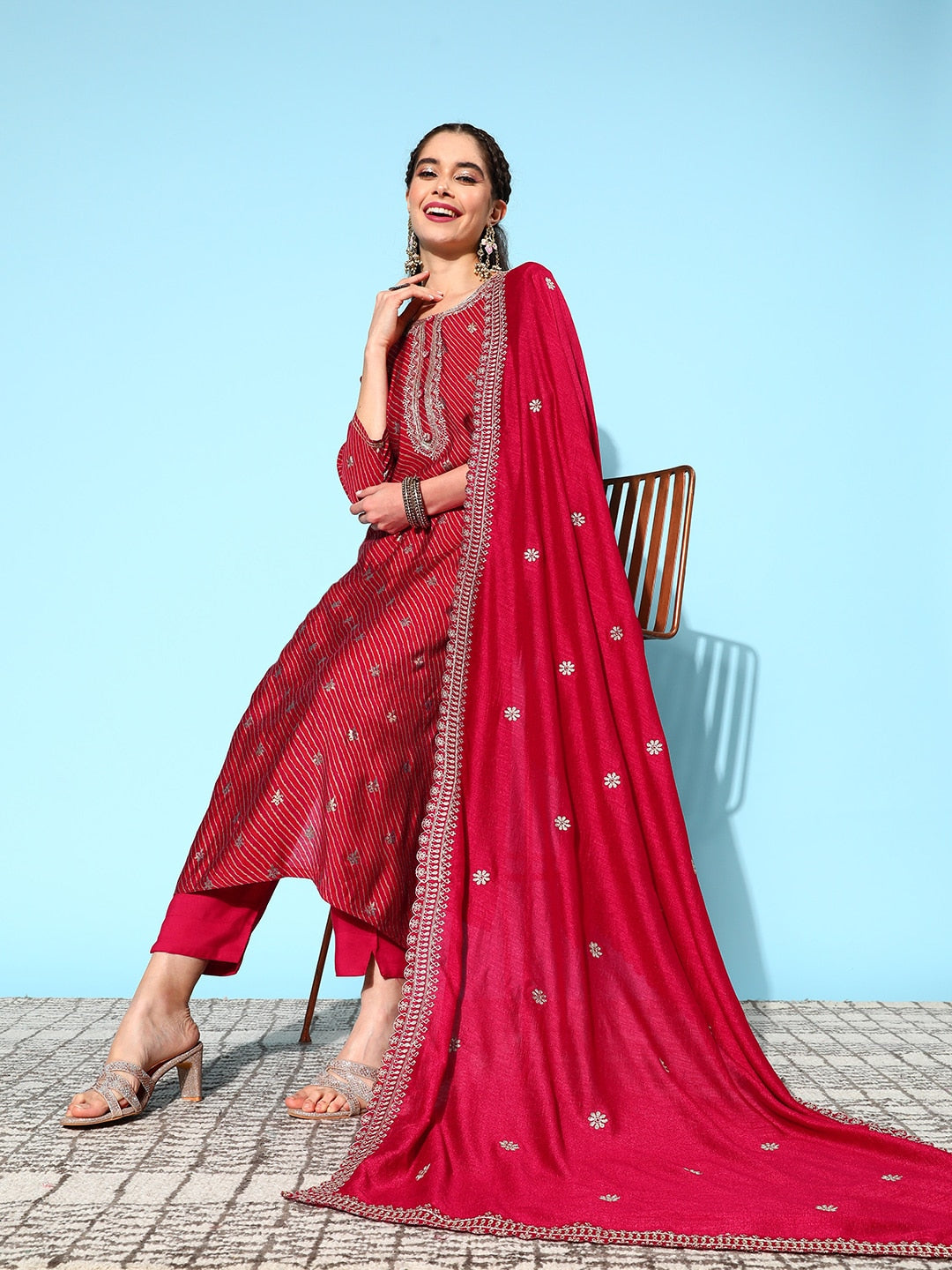 Sangria Floral Kurta with Trousers & Dupatta | Grocsy