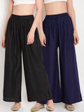 TAG 7 Women Pack Of 2 Black & Navy Blue Solid Flared Palazzos | Grocsy