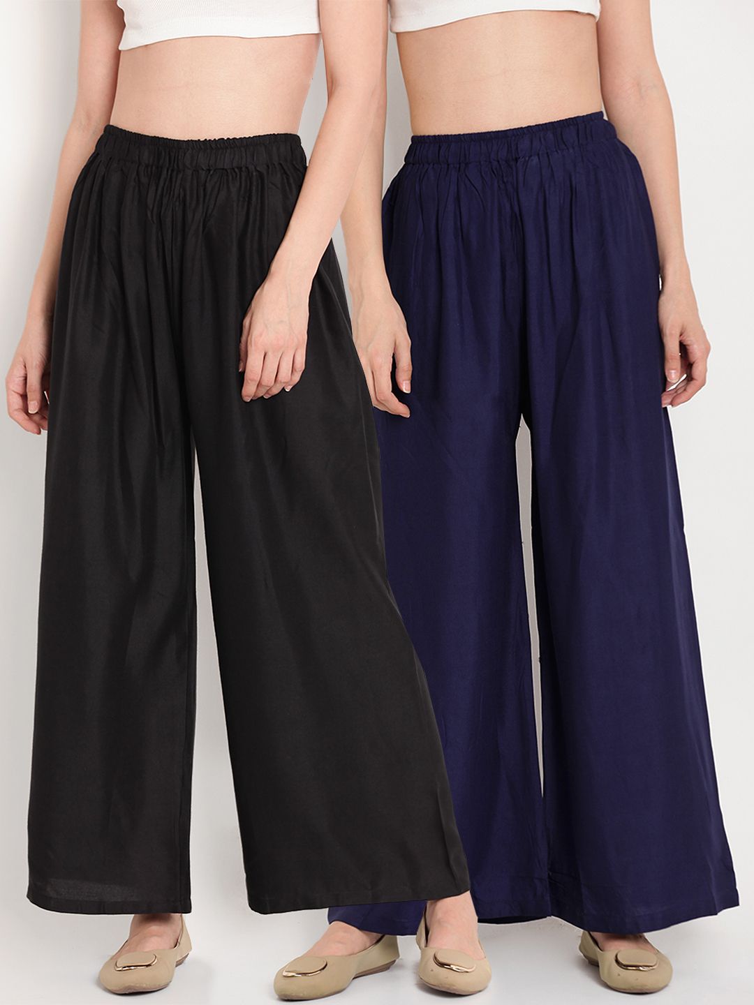 TAG 7 Women Pack Of 2 Black & Navy Blue Solid Flared Palazzos | Grocsy