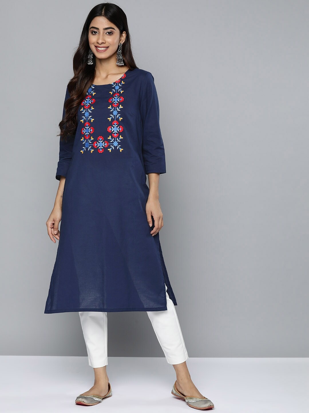 HERE&NOW Yoke Design Thread Work Cotton Kurta | Grocsy