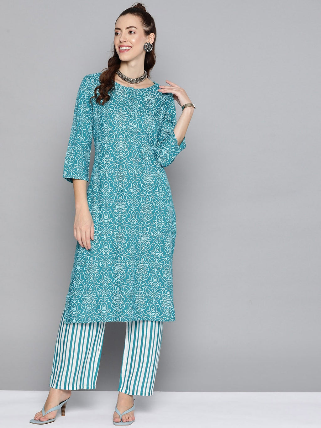 HERE&NOW Women Blue & White Bandhani Print Kurta with Striped Trousers | Grocsy