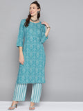 HERE&NOW Women Blue & White Bandhani Print Kurta with Striped Trousers | Grocsy