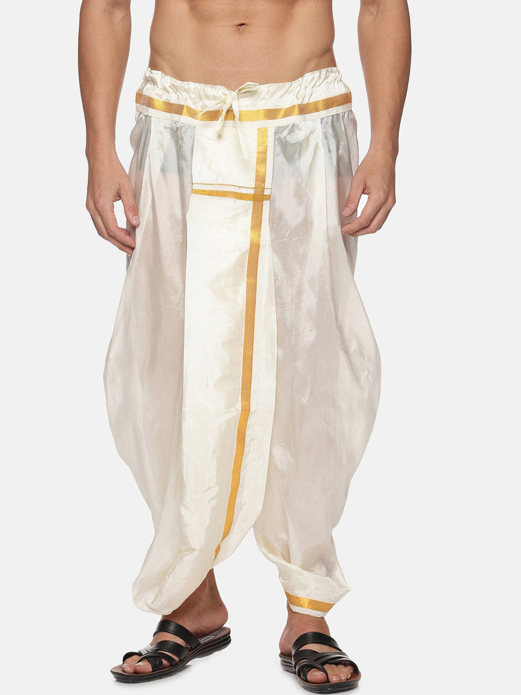 Sethukrishna Men Cream-Coloured & Golden Solid Silk Dhoti | Grocsy
