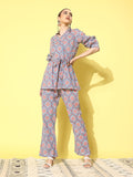 InWeave Women's Blue Pink Ogee Print Belted Coord Set | Grocsy