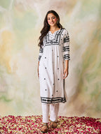 HOUSE OF KARI Notched Neck Floral Embroidered Chikankari Cotton Kurta | Grocsy