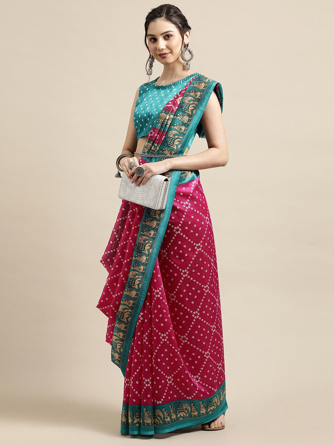 Saree Mall Pink & Teal Bandhani Printed Saree | Grocsy