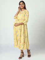 Manet Three Fourth Maternity Dress Floral Print With Concealed Zipper Nursing Access - Yellow | Grocsy