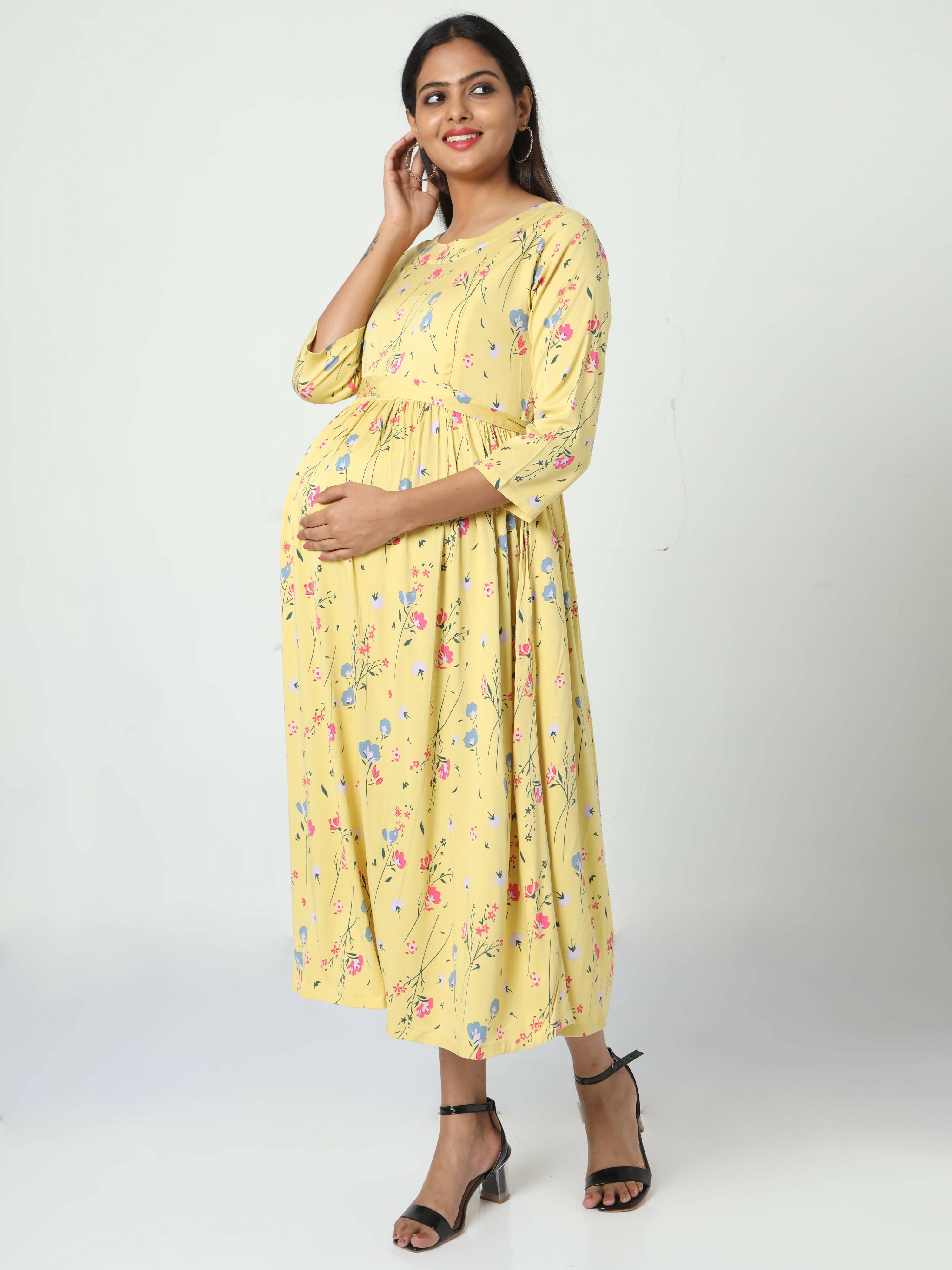 Manet Three Fourth Maternity Dress Floral Print With Concealed Zipper Nursing Access - Yellow | Grocsy