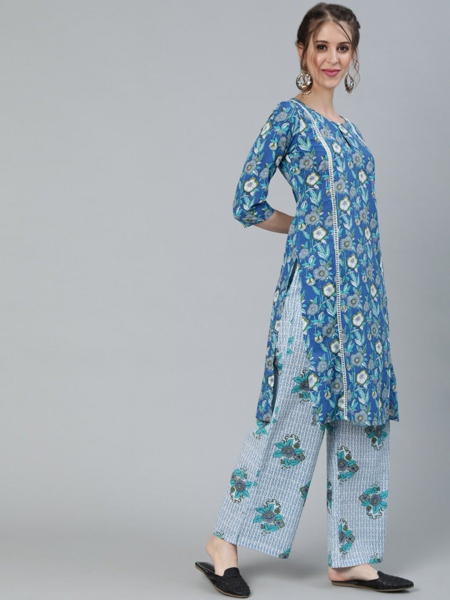 Aks Floral Printed Keyhole Neck Pure Cotton Kurta With Palazzos | Grocsy