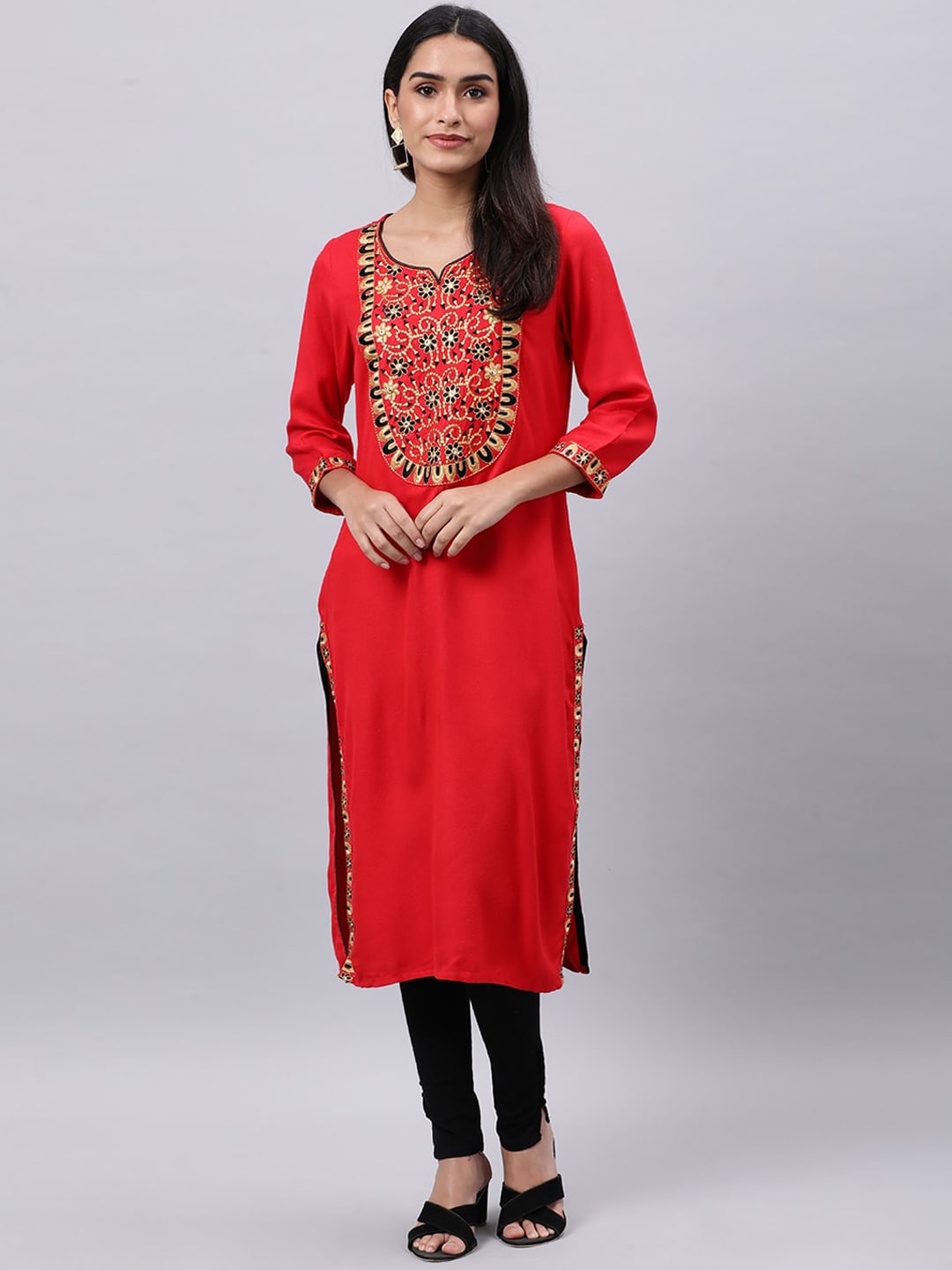 Souchii Red Yoke Design Mirror Work Grandeur & Majestic Artwork Kurta | Grocsy