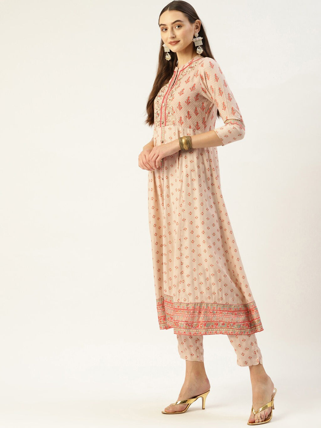 HERE&NOW Women Cream-Coloured Floral Embroidered Kurta with Trousers | Grocsy