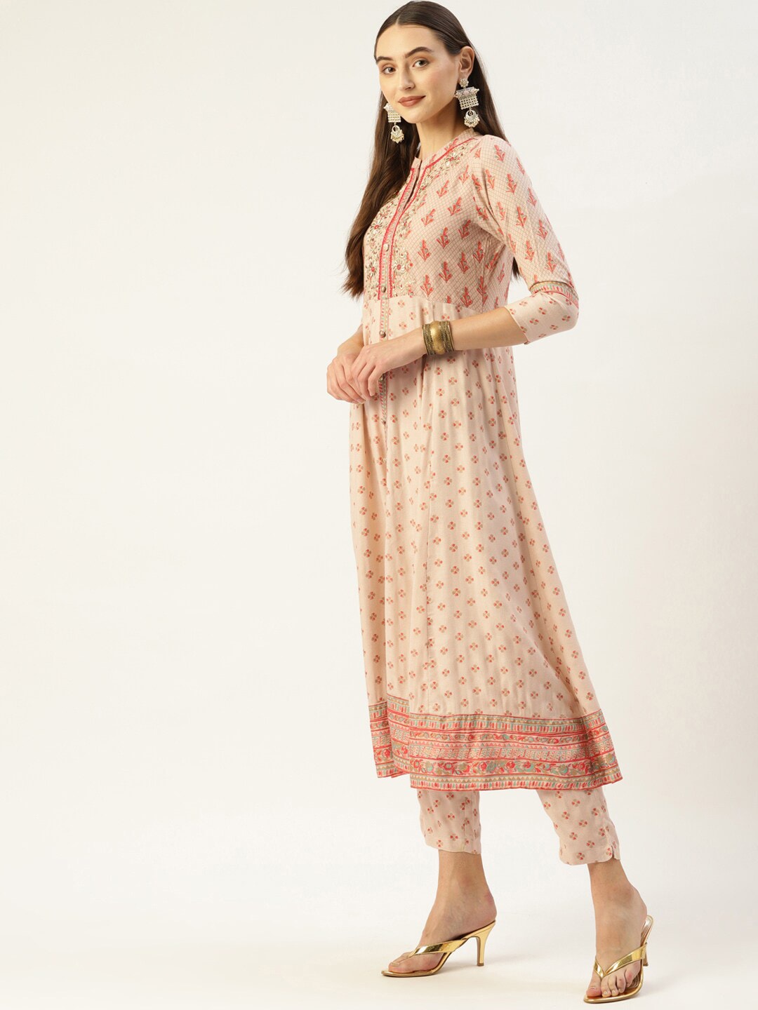 HERE&NOW Women Cream-Coloured Floral Embroidered Kurta with Trousers | Grocsy