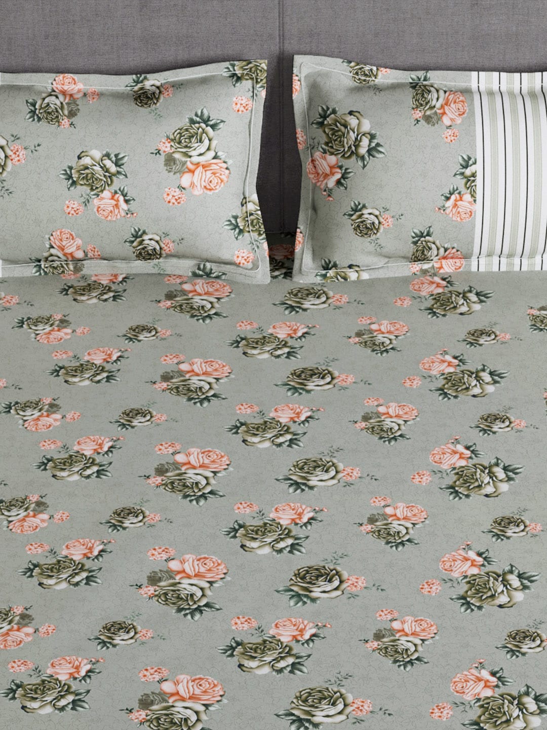 Story@home Arena Grey & Pink Floral Printed 180 TC Bedsheet & Pillow Covers | Grocsy