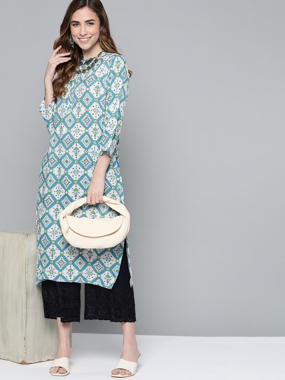 HERE&NOW Women Blue & White Ethnic Motifs Print Kurta | Grocsy