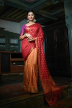 Vardha Ruby Red-Peach Golden Zari Banarasi Raw Silk Saree | Grocsy