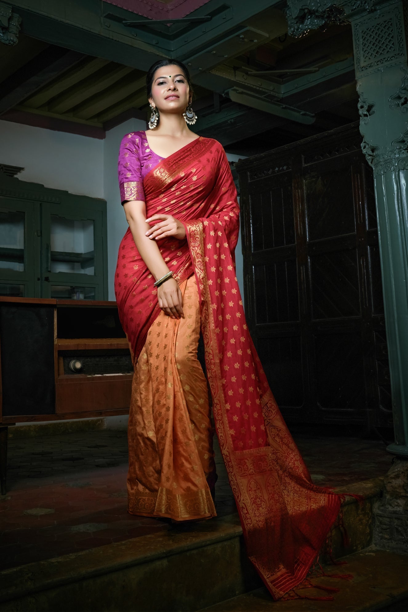 Vardha Ruby Red-Peach Golden Zari Banarasi Raw Silk Saree | Grocsy