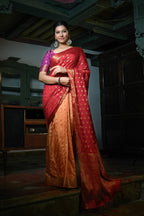 Vardha Ruby Red-Peach Golden Zari Banarasi Raw Silk Saree | Grocsy