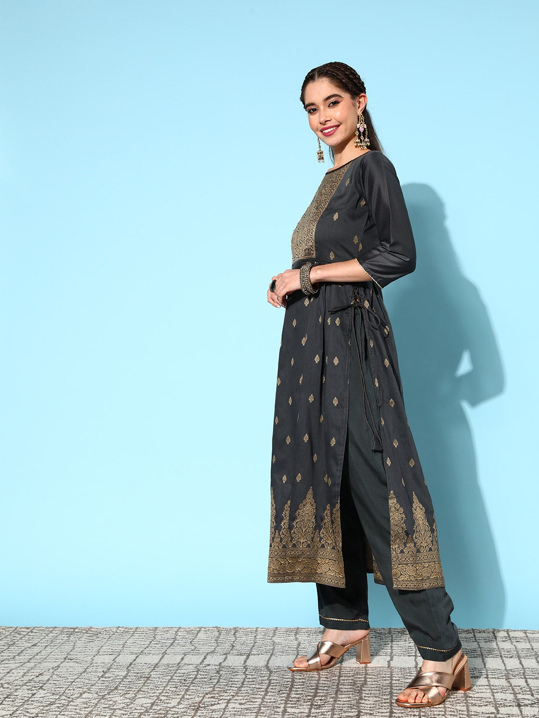 Sangria Ethnic Motifs Yoke Design Pleated Chanderi Silk Kurta with Trousers & With Dupatta | Grocsy